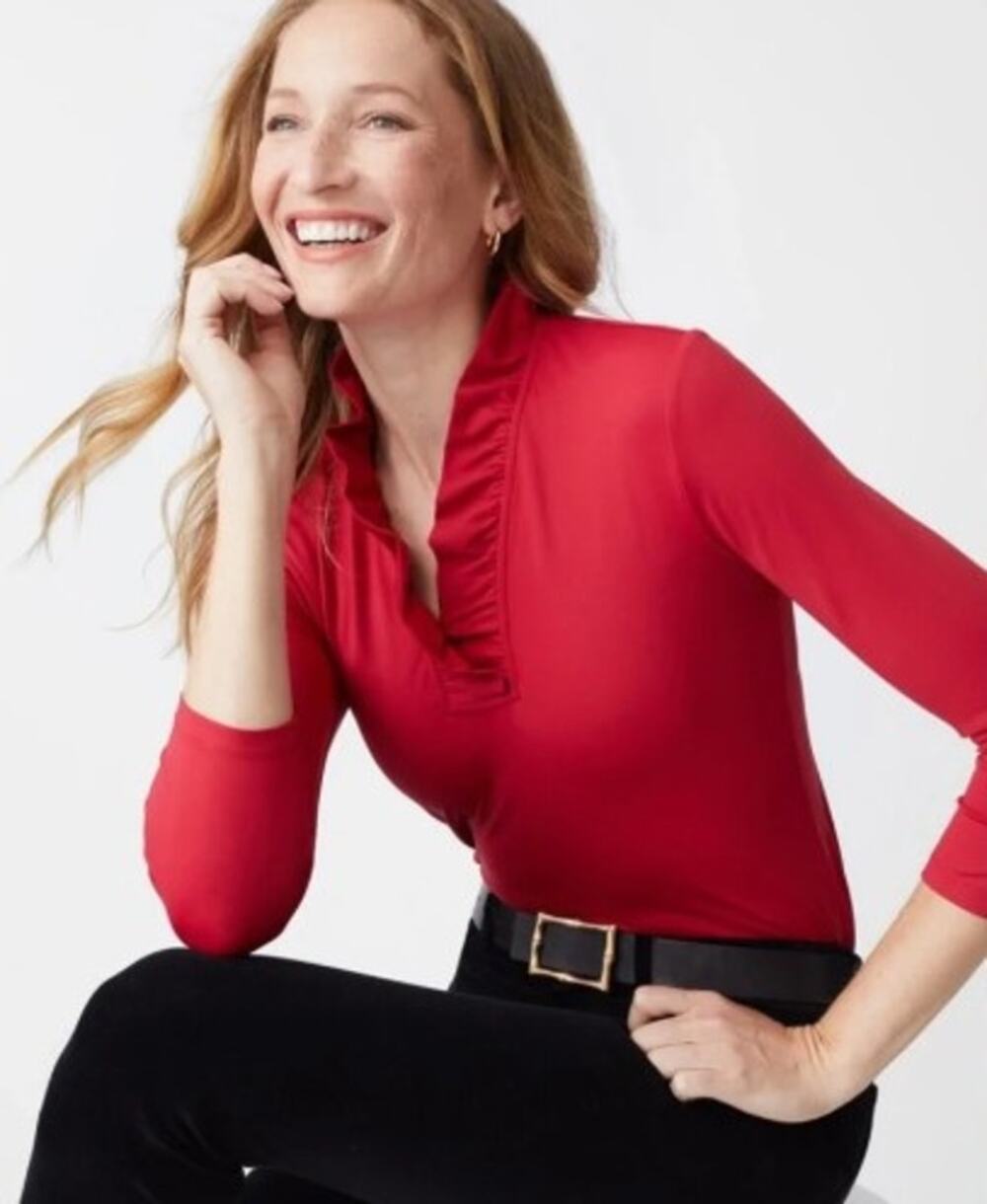 J McLaughlin Durham Ruffle Top Solid Red XS Preppy 3/4 Sleeve Catalina Cloth